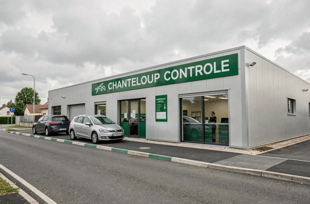 Façade du centre Chanteloup Contrôle avec file de véhicules en attente d'inspection sur voie extérieure