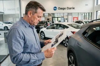 Homme examinant une brochure d'un SUV électrique dans une concession automobile avant un essai Volkswagen Golf