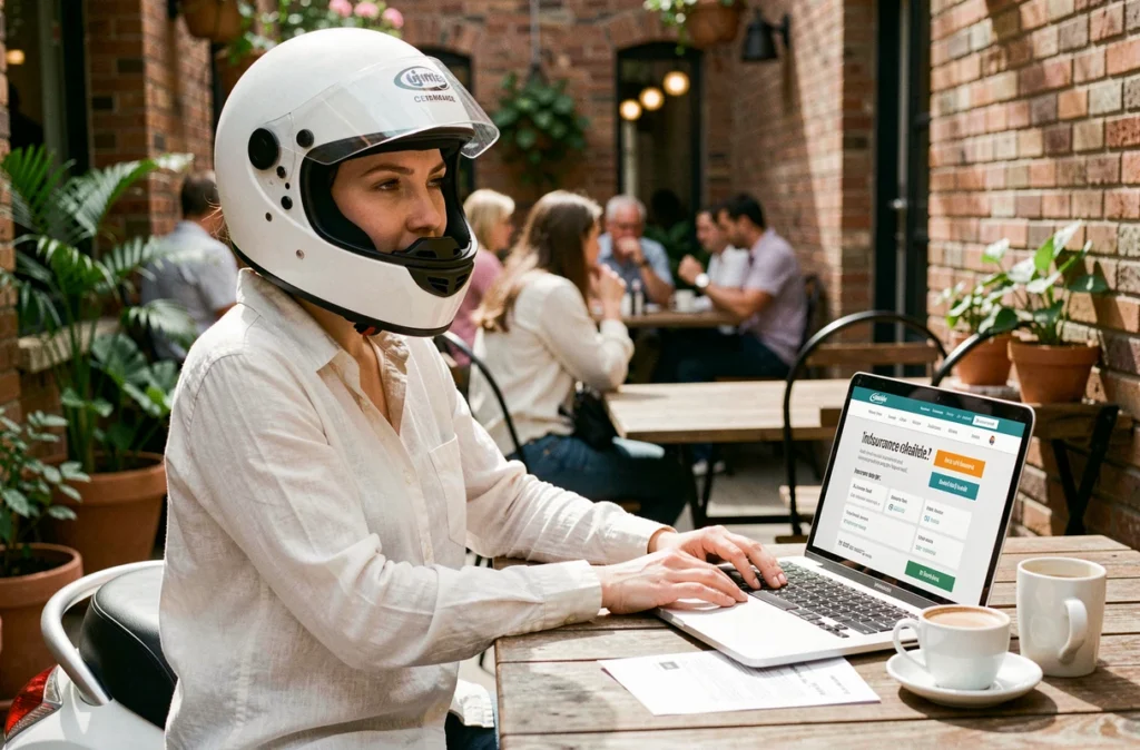 Jeune femme comparant des offres d'assurance scooter 50cc sur un ordinateur portable en terrasse