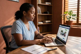 Femme antillaise comparant des devis d'assurance auto pas chère sur son ordinateur portable en Guadeloupe
