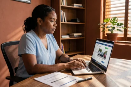 Femme antillaise comparant des devis d'assurance auto pas chère sur son ordinateur portable en Guadeloupe