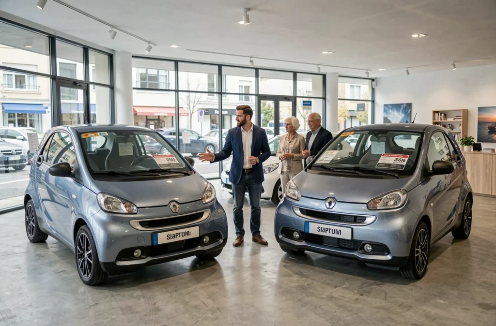 Deux modèles de voitures sans permis comparés dans un showroom de concessionnaire français avec affichage des prix