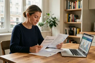 Femme comparant des offres d'assurance auto à la maison avec des documents et un ordinateur portable