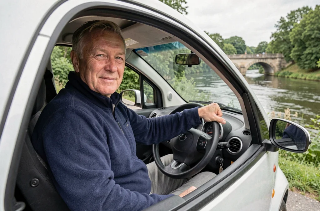 Senior conduisant une voiturette sans permis le long de la Moselle près d'Épinal avec paysage verdoyant