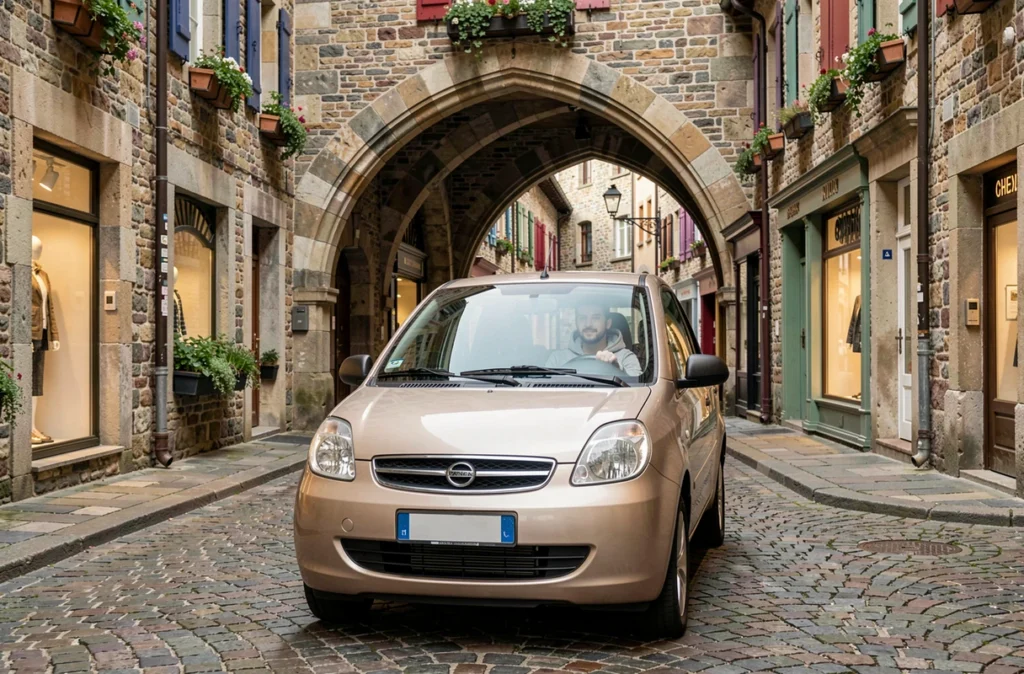 Jeune homme conduisant une voiture sans permis dans les ruelles de la vieille ville d'Annecy
