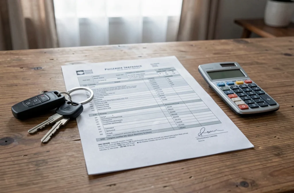Contrat d'assurance tous risques posé sur une table avec clés de voiture et calculatrice