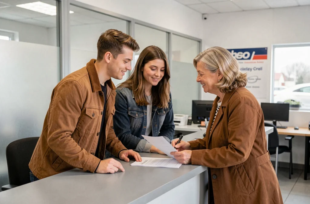 Couple de jeunes adultes en discussion avec une conseillère en assurance auto dans une agence à Creil