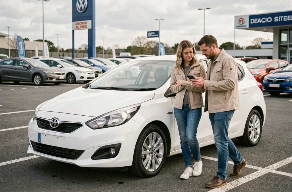 Couple inspectant une Golf blanche dans un parking de concession en consultant des avis en ligne avant l'essai