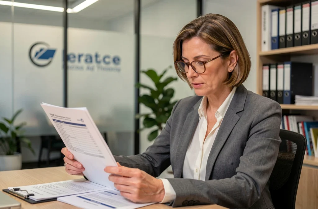 Courtière en assurance analysant un contrat d'assurance flotte automobile dans un bureau professionnel moderne