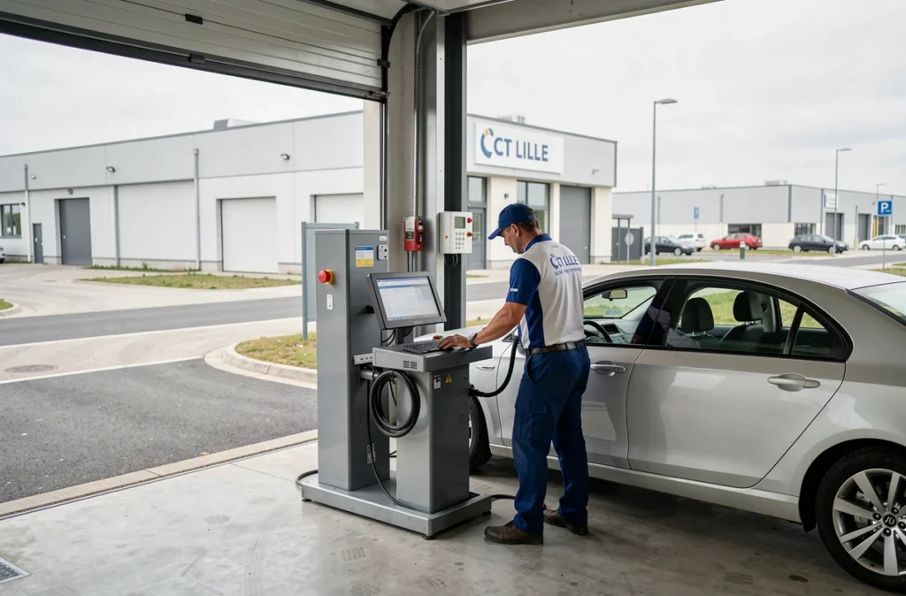 Mécanicien du centre CT Lille à Faches-Thumesnil utilisant une machine d'alignement informatisée lors d'un contrôle technique