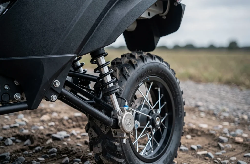 Détail de la roue avant et suspension d'un quad Yamaha Raptor 350 sur terrain caillouteux