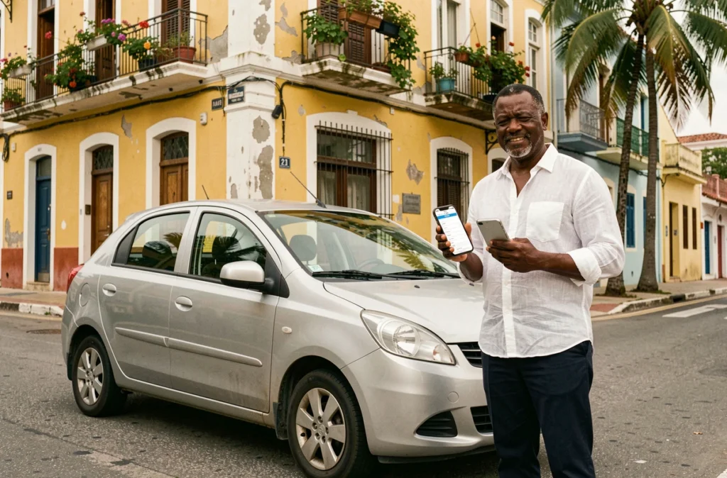Homme guadeloupéen consultant un devis d'assurance auto sur smartphone devant sa voiture à Pointe-à-Pitre