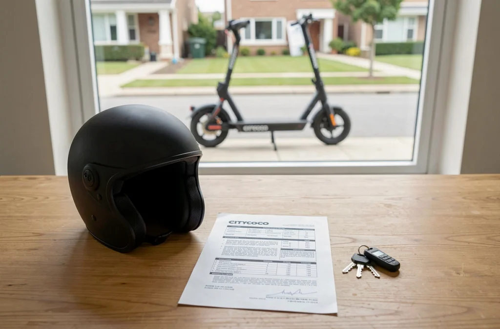 Documents d'assurance scooter électrique, casque et clés posés sur un bureau avec un Citycoco visible en arrière-plan, symbolisant la souscription d'une assurance