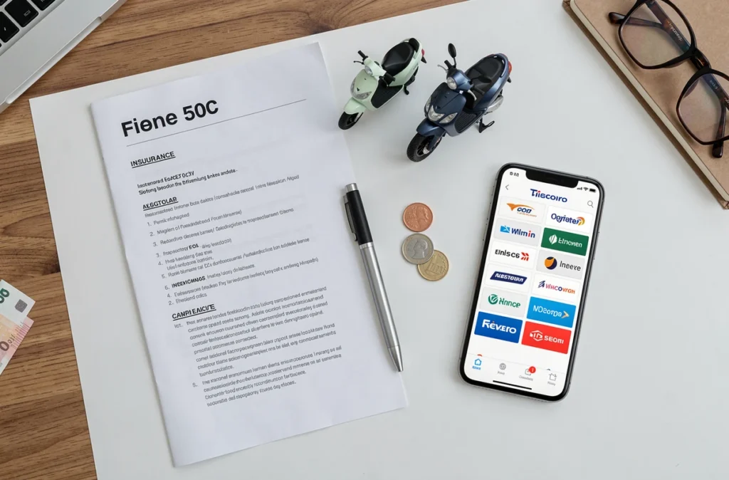 Vue à plat des documents et outils pour comparer les assurances scooter 50cc sur un bureau