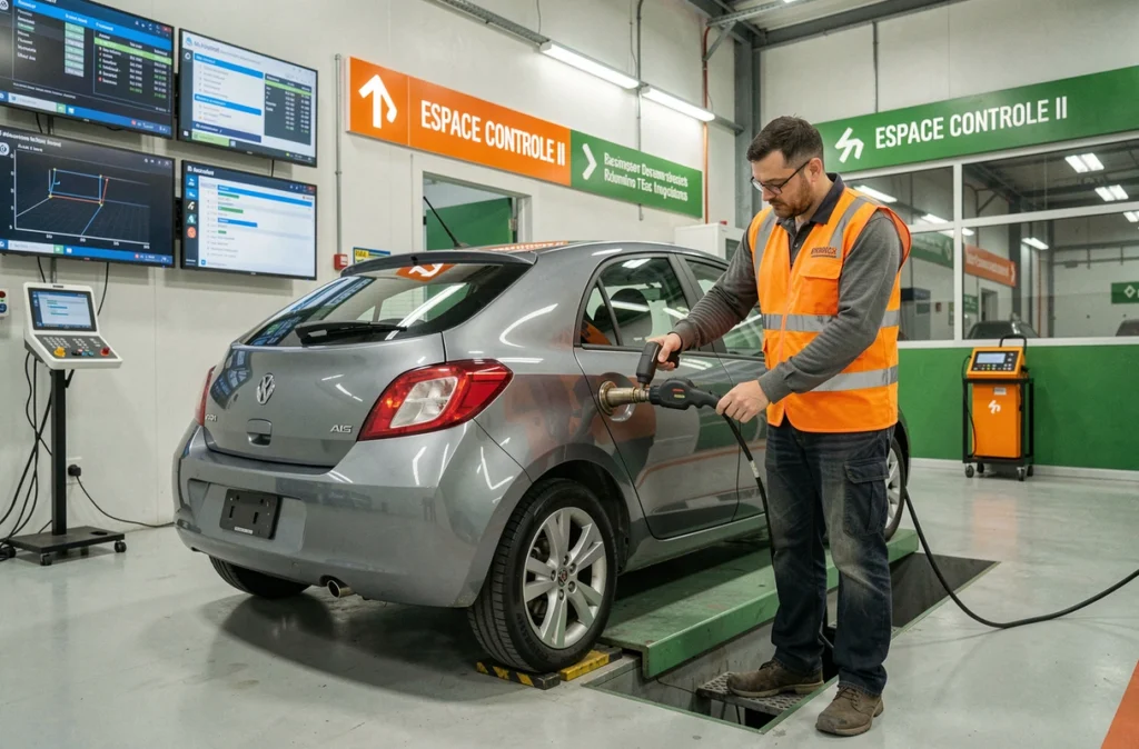 Mécanicien d'Espace Contrôle II connectant un outil de diagnostic à l'échappement d'un véhicule gris