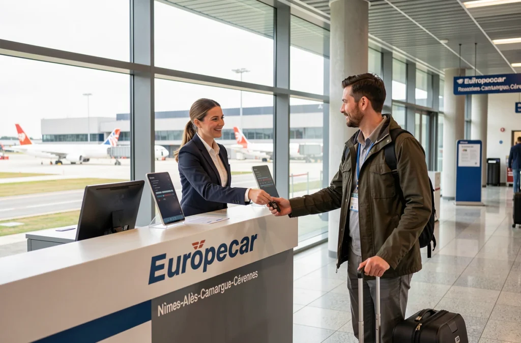 Comptoir Europcar à l'aéroport de Nîmes Manduel avec un agent remettant les clés à un voyageur