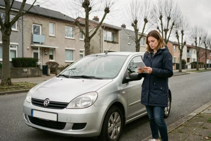 Femme consultant son téléphone avec des documents d'assurance auto devant une voiture garée dans une rue de Creil