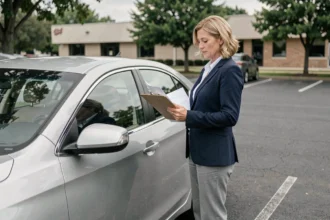 Femme consultant son contrat d'assurance tous risques à côté de sa voiture dans un parking
