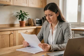 Femme lisant un avis d'échéance d'assurance voiture à la maison avant la date limite