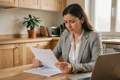 Femme lisant un avis d'échéance d'assurance voiture à la maison avant la date limite