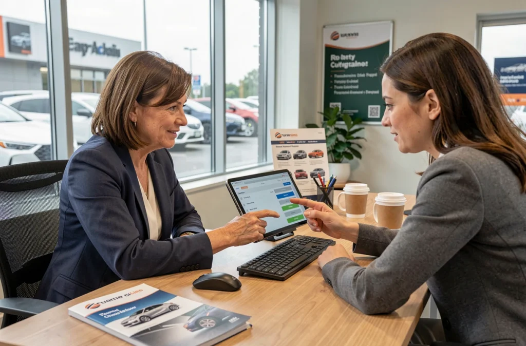 Femme discutant des options d'un essai Golf avec un conseiller commercial en concession automobile