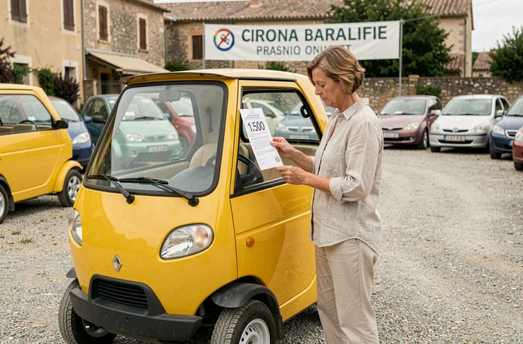 Femme examinant une voiture sans permis d'occasion jaune dans un lot de vente de véhicules dans les Pyrénées-Orientales