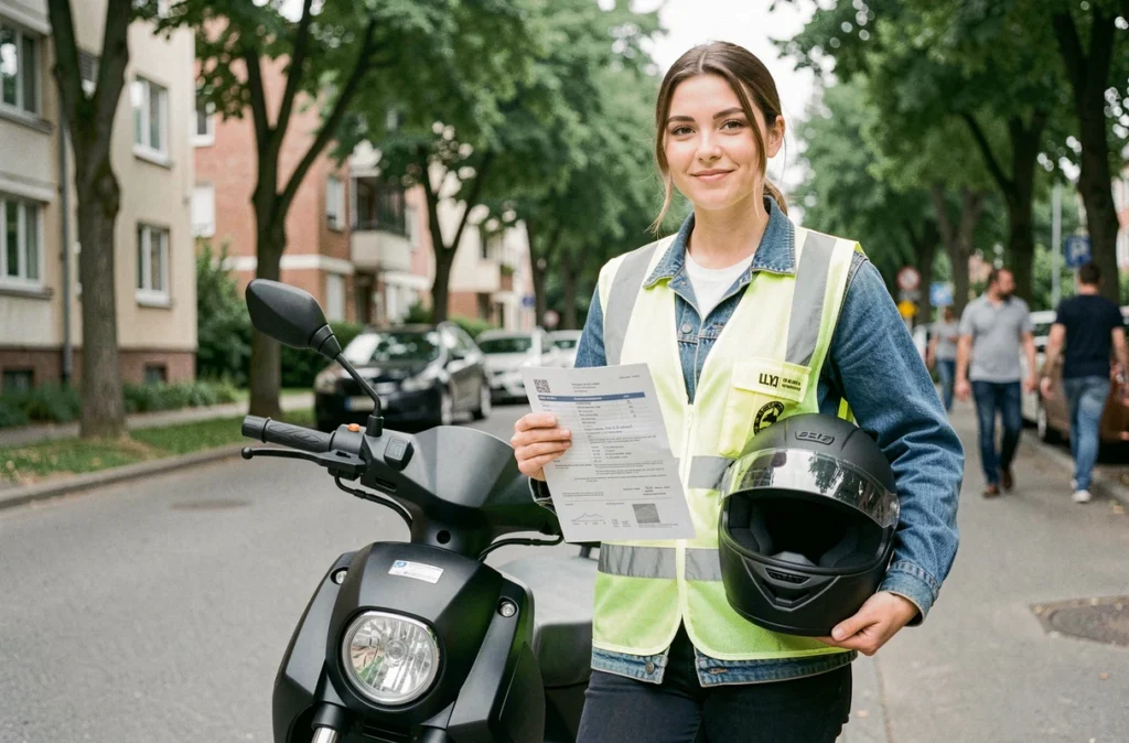 Femme tenant un document d'assurance à côté d'une moto électrique dans une rue résidentielle