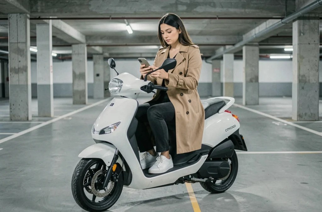 Femme assise sur un scooter électrique Citycoco blanc dans un parking, consultant une application d'assurance sur son téléphone