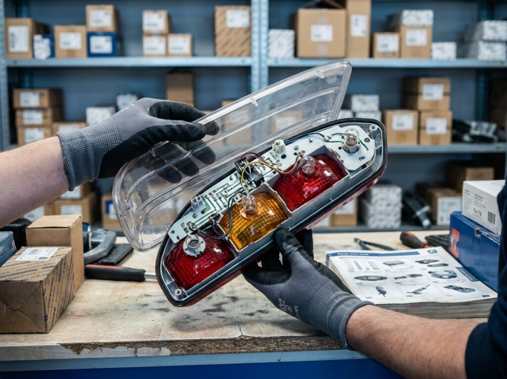 Feu arrière Citroën Jumper démonté tenu en main pour inspection des composants internes dans un magasin de pièces auto