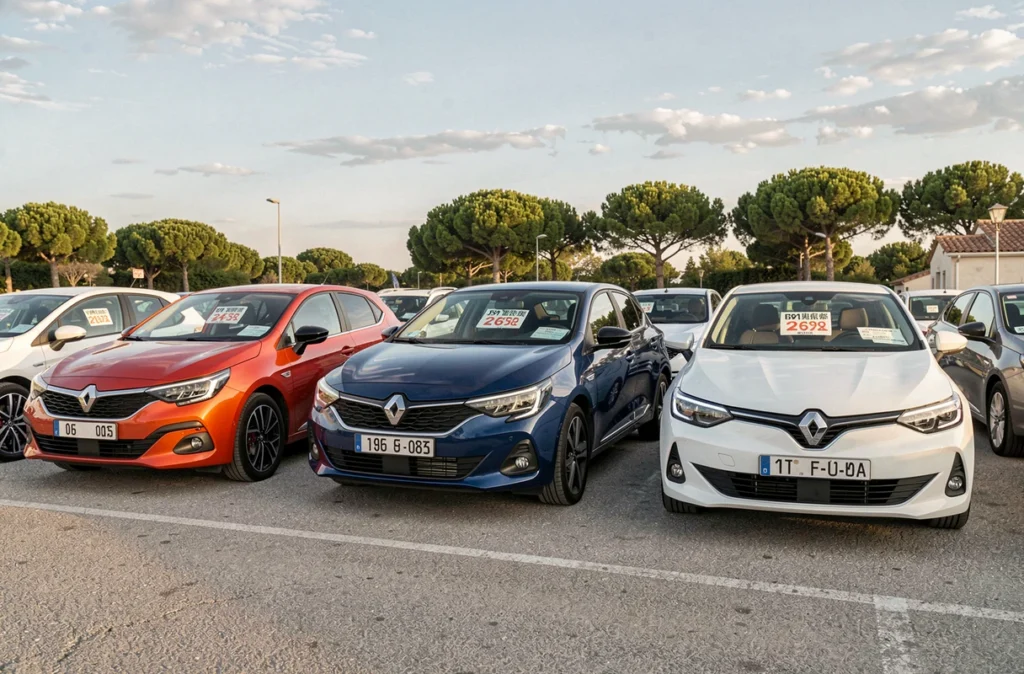 Rangée de différents modèles de voitures sans permis avec affichage des prix dans un parking de concessionnaire