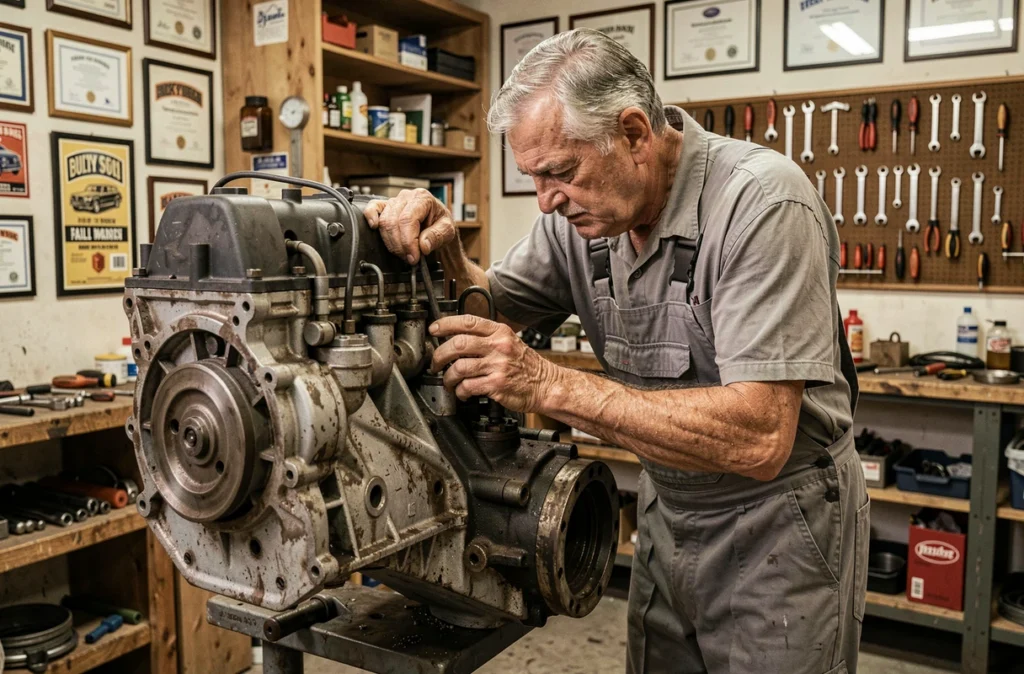 Mécanicien expérimenté du Garage Davanier SARL DSCC travaillant sur un moteur diesel sorti de son véhicule