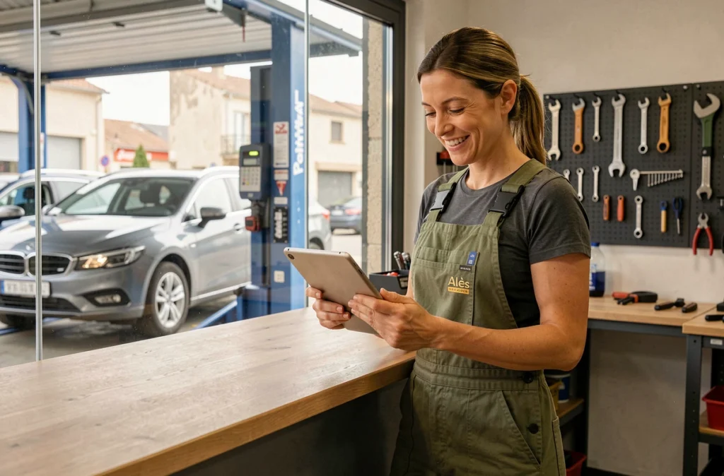 Mécanicienne de La Jass'Auto à Alès accueillant un client à la réception du garage
