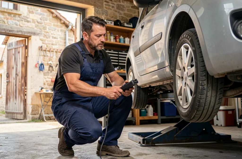 Mécanicien du Garage S91 inspectant le dessous d'un véhicule à Saint-Côme-et-Maruéjols