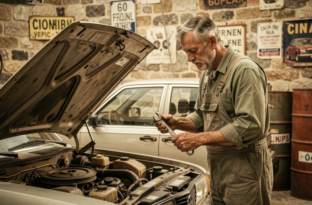 Mécanicien du Garage Teissonnière inspectant le moteur d'une berline française classique des années 80