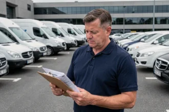 Gestionnaire de flotte automobile en parking d'entreprise vérifiant des documents d'assurance devant des véhicules utilitaires blancs alignés