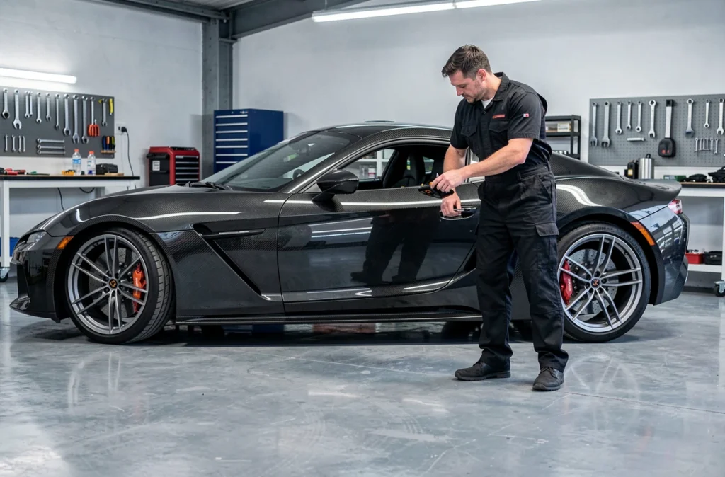 Spécialiste de GP Concept Cévennes examinant la carrosserie d'une voiture de performance dans un garage moderne