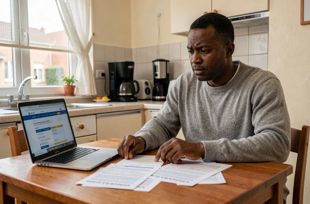 Homme comparant des devis d'assurance auto sur une table dans un appartement à Creil