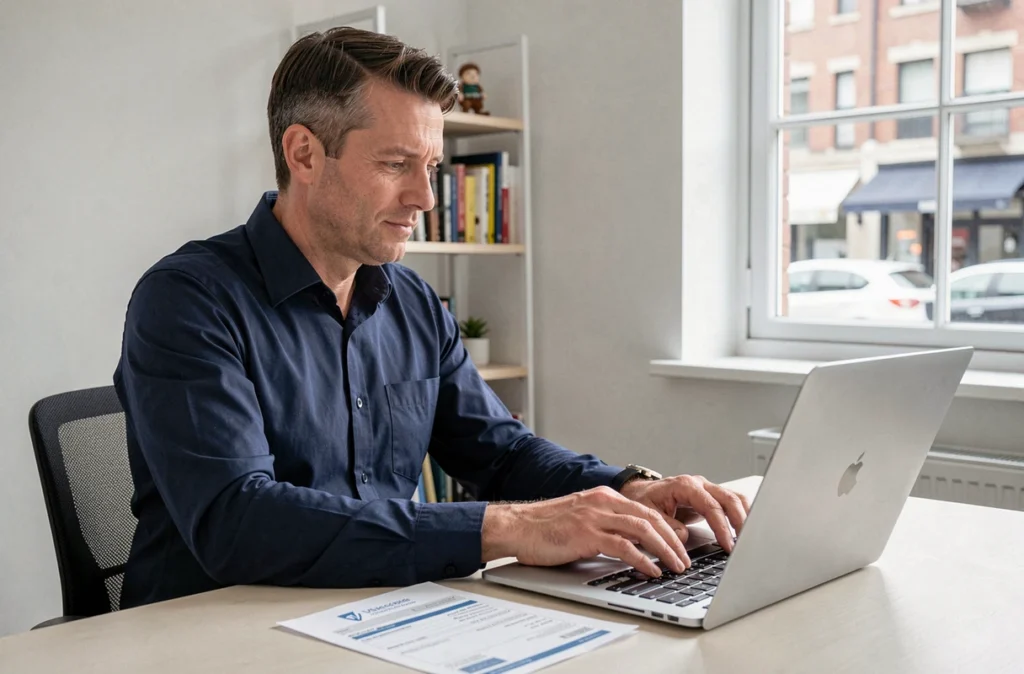 Homme consultant un avis d'échéance d'assurance auto sur ordinateur à son bureau