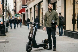 Homme avec un scooter électrique Citycoco en milieu urbain, casque sous le bras, illustrant l'utilisation quotidienne d'un scooter électrique assuré