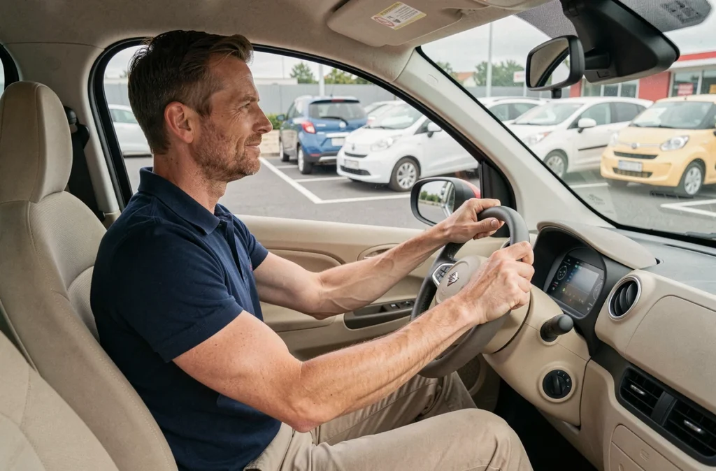 Homme au volant d'une voiturette sans permis dans une agence de location