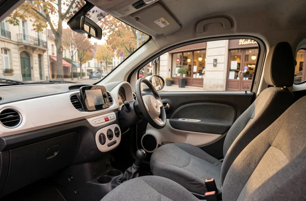 Intérieur d'une voiture sans permis avec tableau de bord simple et vue sur une rue d'Épinal en automne