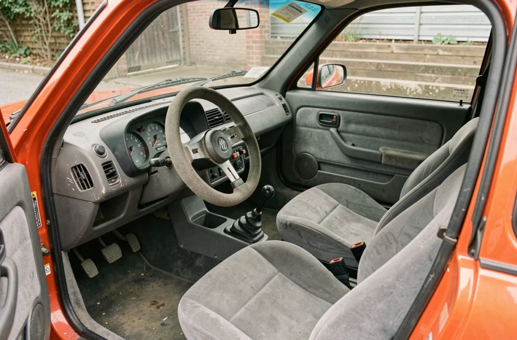 Intérieur d'une voiture sans permis Ligier d'occasion avec tableau de bord et sièges en tissu gris, vendue dans le 66
