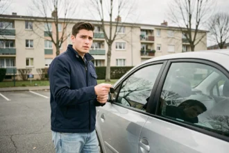 Jeune conducteur masculin debout près d'une berline compacte de 120 ch dans un parking de banlieue, tenant ses clés de voiture