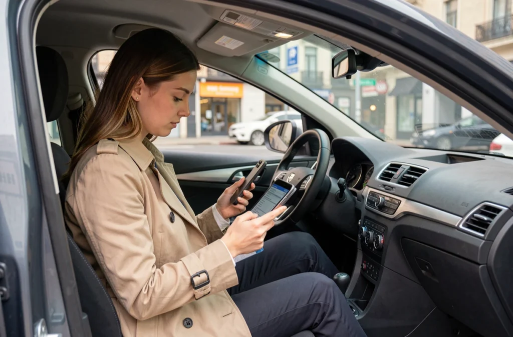 Jeune femme conductrice consultant son assurance auto sur smartphone depuis le siège conducteur d'une voiture de 120 ch