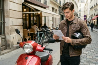 Jeune homme consultant son contrat d'assurance scooter 50cc dans une rue urbaine française