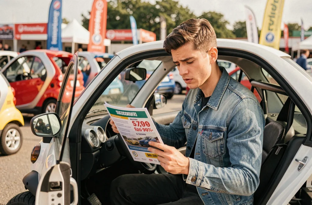 Jeune homme consultant une brochure de prix de voiture sans permis lors d'un salon automobile