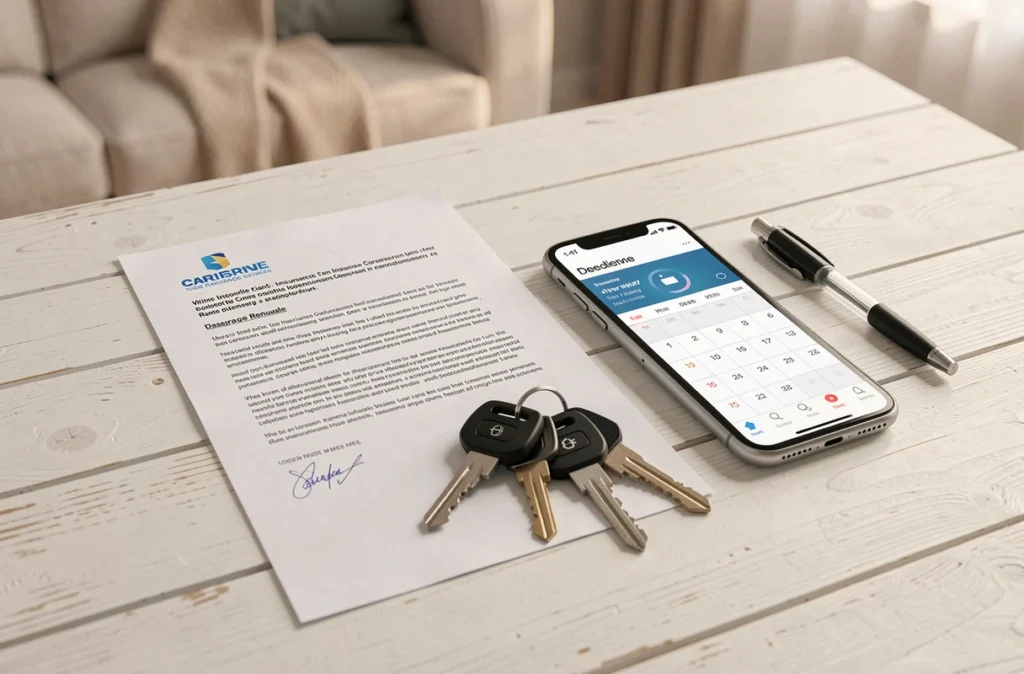 Lettre d'avis d'échéance assurance auto avec clés de voiture et calendrier de date limite