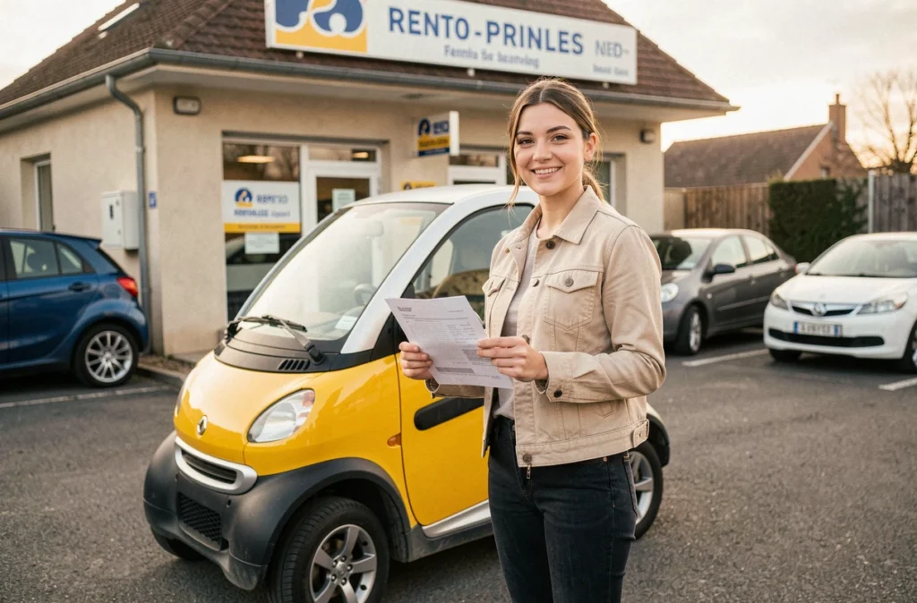 Jeune femme tenant un contrat de location devant une voiture sans permis jaune dans une agence à Épinal