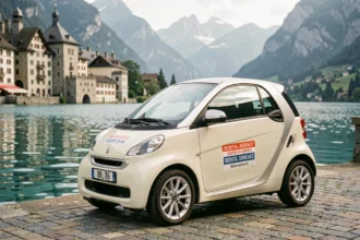 Voiture sans permis en location garée au bord du lac d'Annecy avec vue sur la vieille ville