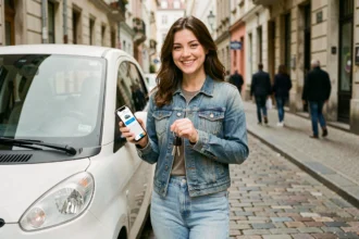Jeune femme tenant des clés de voiture sans permis en location dans une rue urbaine européenne